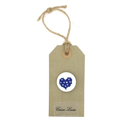 Large Dark Blue Cross Stitch Heart Button with White Spots