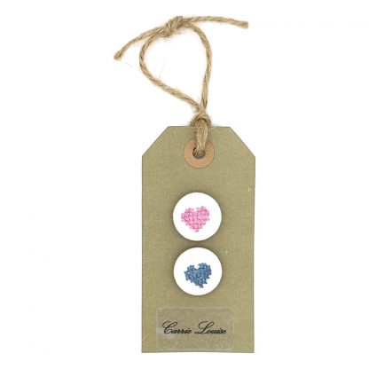 2 Medium Pink and Subtle Blue Cross Stitch Heart Button Selection