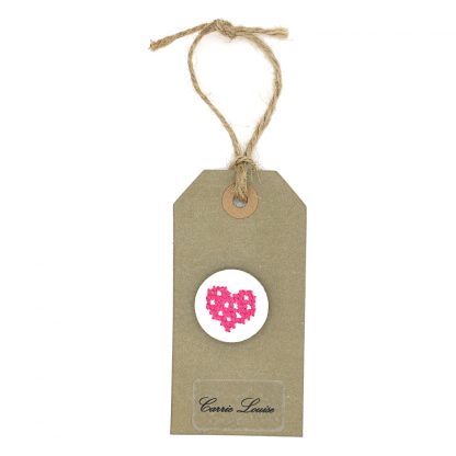 Large Bright Pink Cross Stitch Heart Button with White Spots