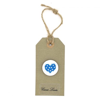 Large Turquoise Cross Stitch Heart Button with White Spots