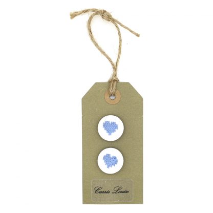 2 Medium Blue Cross Stitch Heart Buttons
